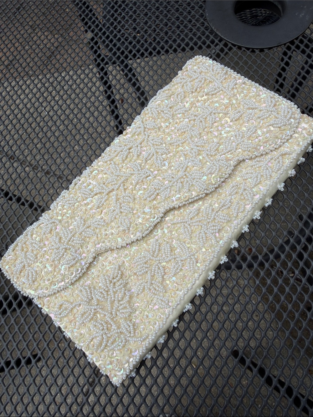 mid-century vintage beaded evening clutch ivory silk